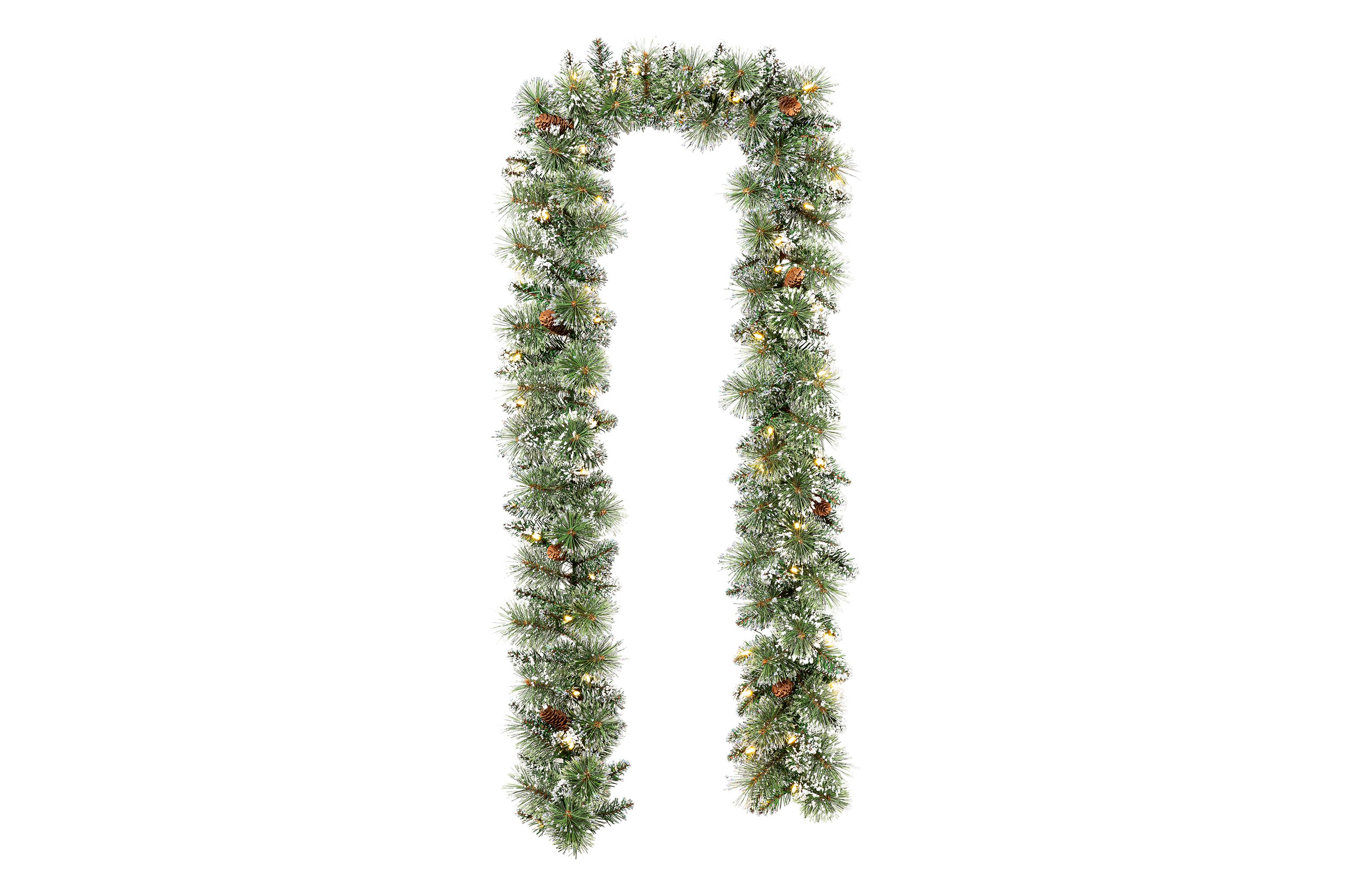 9ft Pre-Lit Frosted Greenery Pinecones  Christmas Garland, with 50 C3 Clear LED Lights and Timer, Three Function