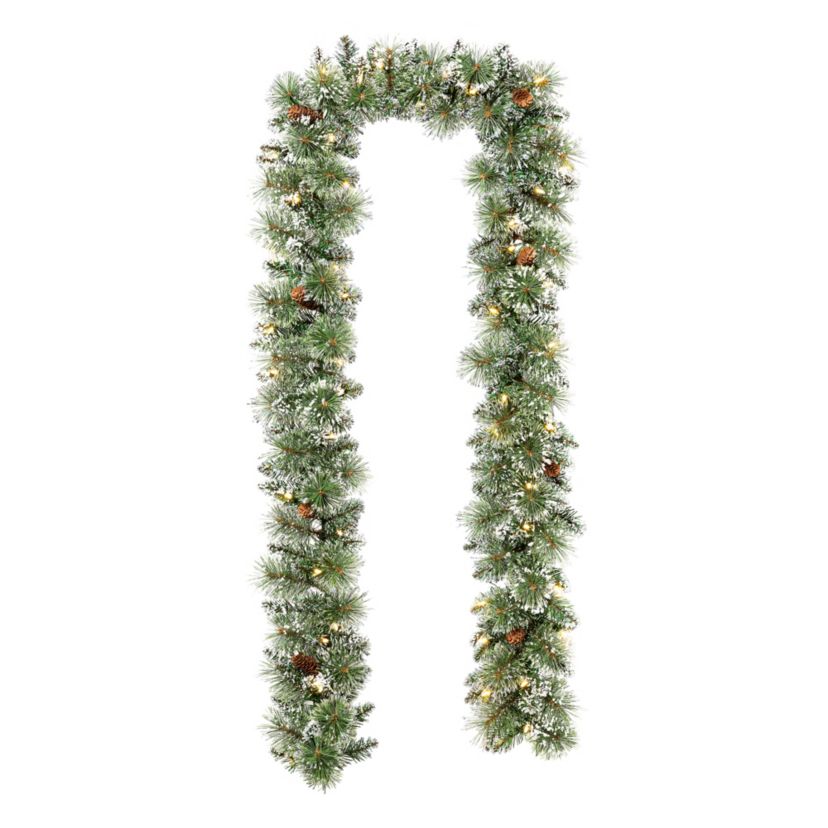 9ft Pre-Lit Frosted Greenery Pinecones  Christmas Garland, with 50 C3 Clear LED Lights and Timer, Three Function