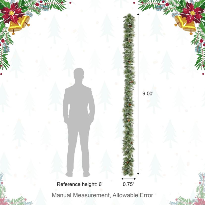 9ft Pre-Lit Frosted Greenery Pinecones  Christmas Garland, with 50 C3 Clear LED Lights and Timer, Three Function