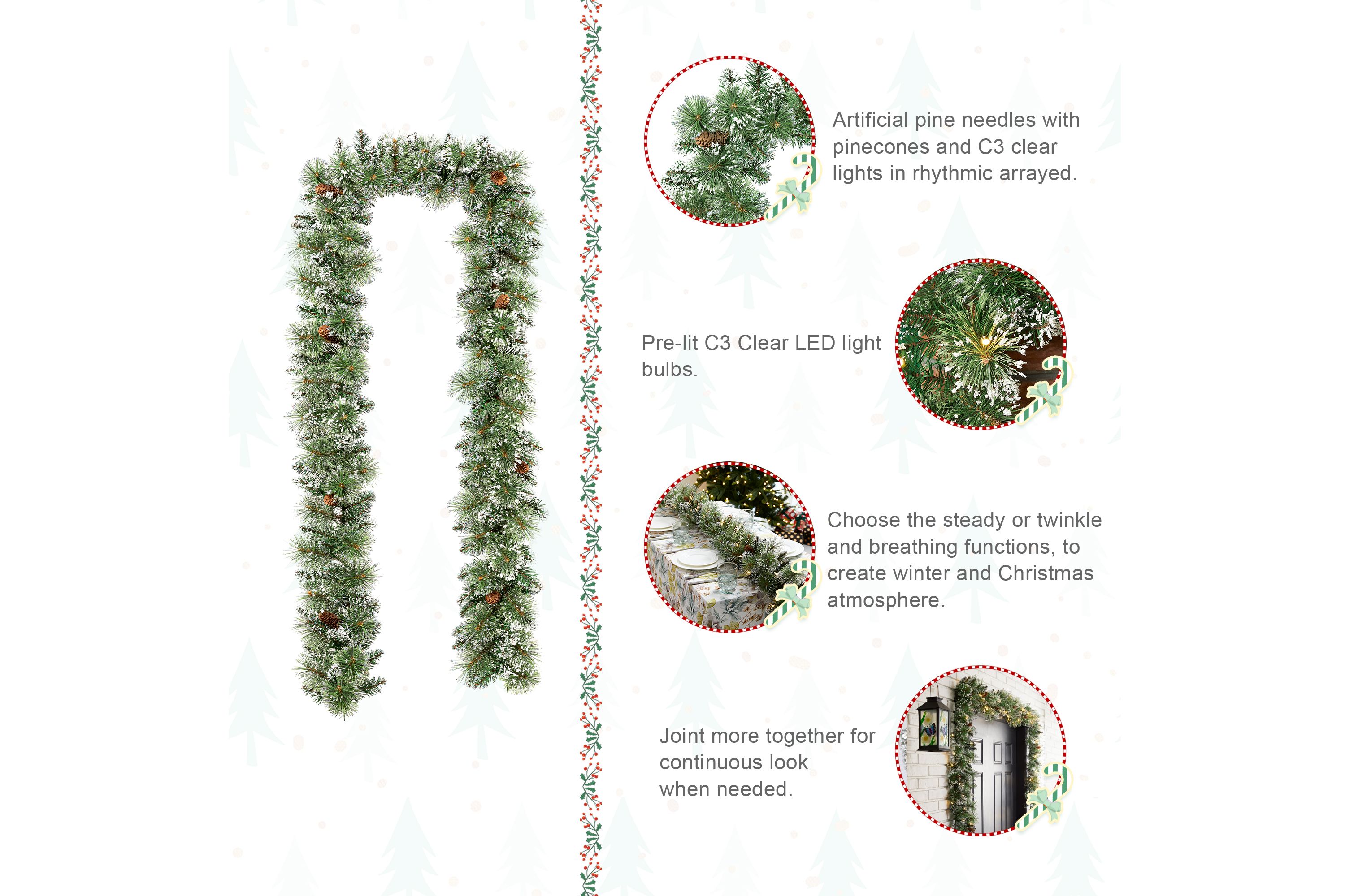 9ft Pre-Lit Frosted Greenery Pinecones  Christmas Garland, with 50 C3 Clear LED Lights and Timer, Three Function