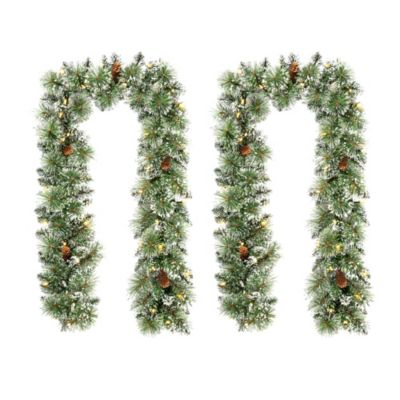 Glitzhome Set of 2 6ft Pre-Lit Frosted Greenery Pinecones Christmas Garland, with 35 C3 Clear LED Lights and Timer, Three Function