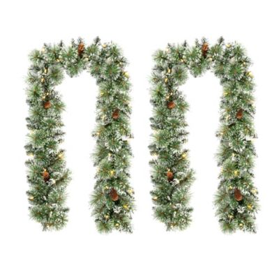 Glitzhome Set of 2 6ft Pre-Lit Frosted Greenery Pinecones Christmas Garland, with 35 C3 Clear LED Lights and Timer, Three Function, White -  6926783206764