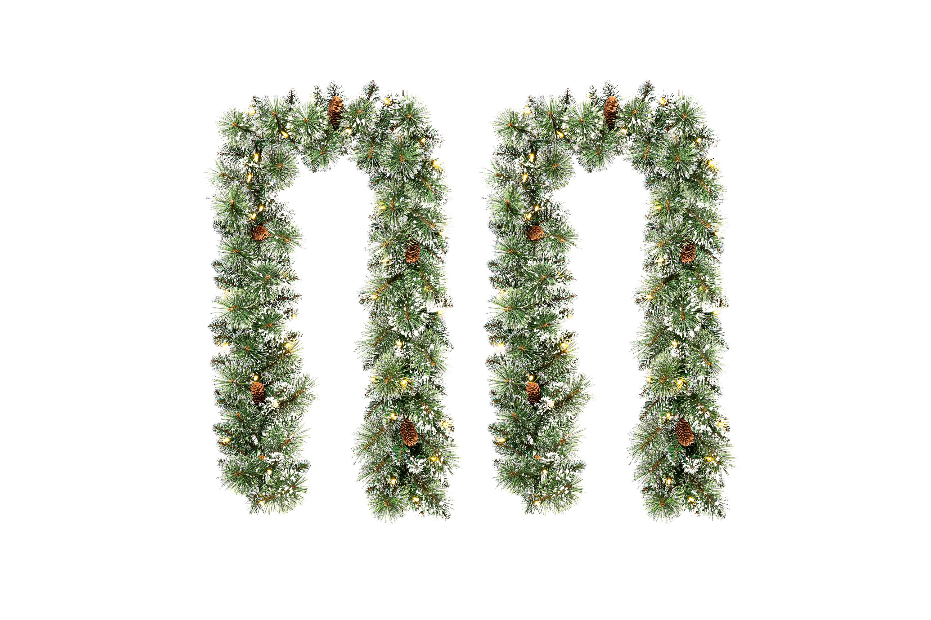 Set of 2 6ft Pre-Lit Frosted Greenery  Pinecones Christmas Garland, with 35 C3 Clear LED Lights and Timer, Three Function