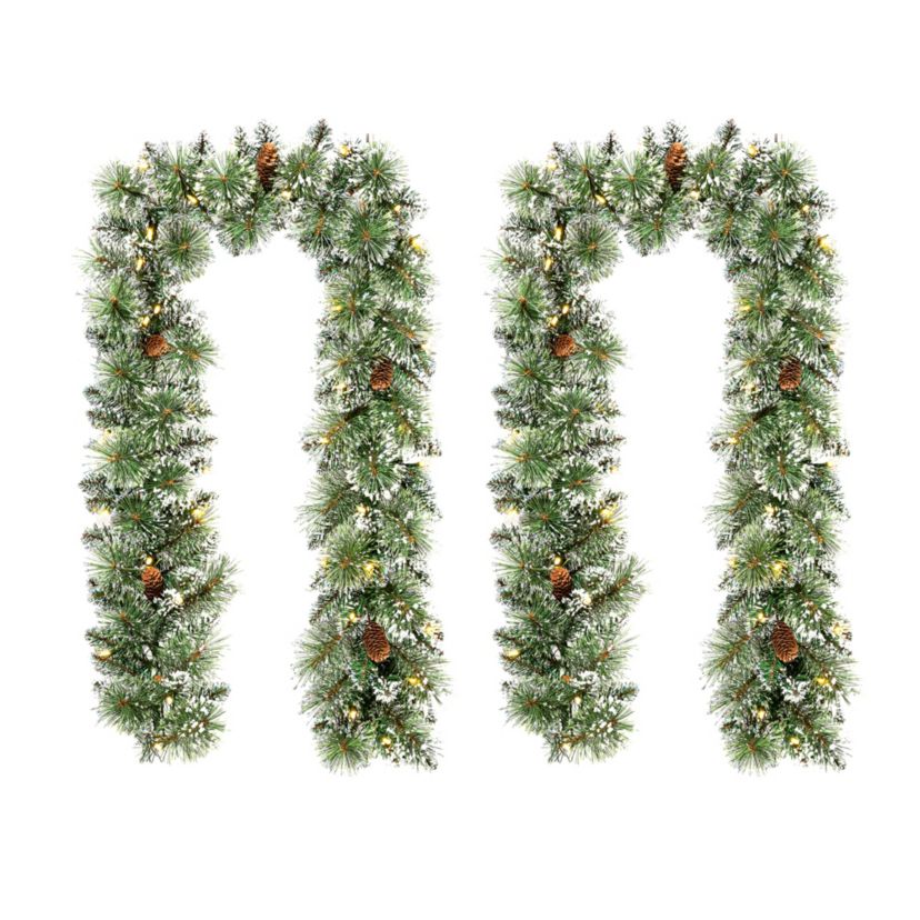 Set of 2 6ft Pre-Lit Frosted Greenery  Pinecones Christmas Garland, with 35 C3 Clear LED Lights and Timer, Three Function
