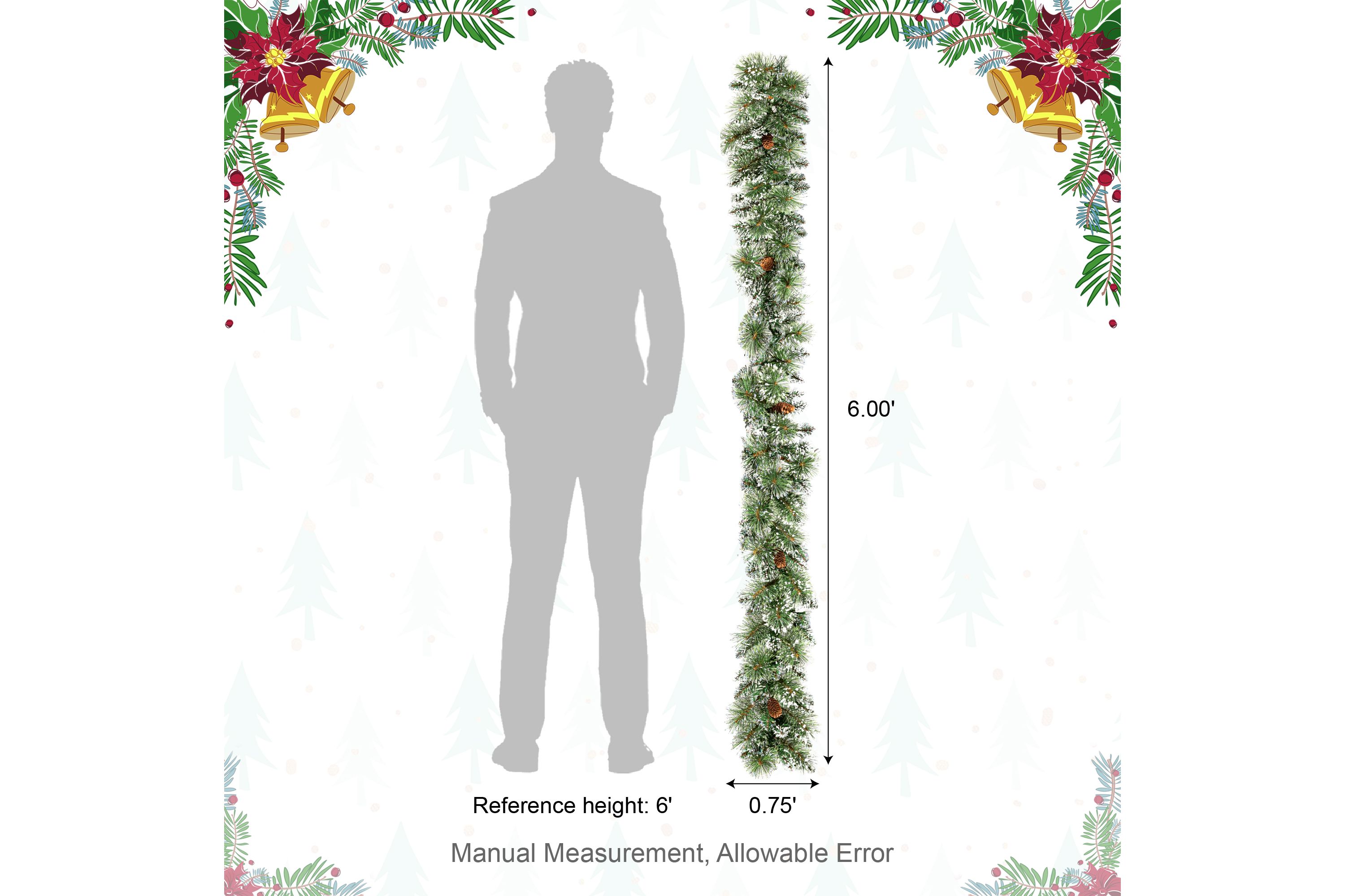 Set of 2 6ft Pre-Lit Frosted Greenery  Pinecones Christmas Garland, with 35 C3 Clear LED Lights and Timer, Three Function