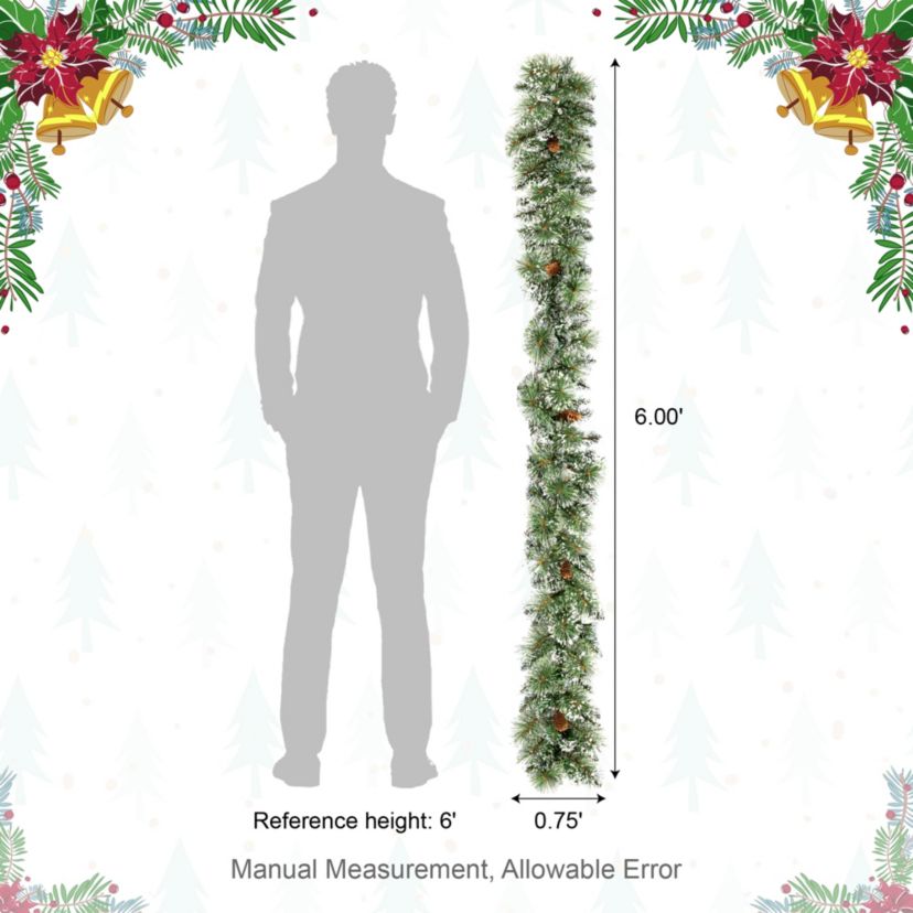 Set of 2 6ft Pre-Lit Frosted Greenery  Pinecones Christmas Garland, with 35 C3 Clear LED Lights and Timer, Three Function