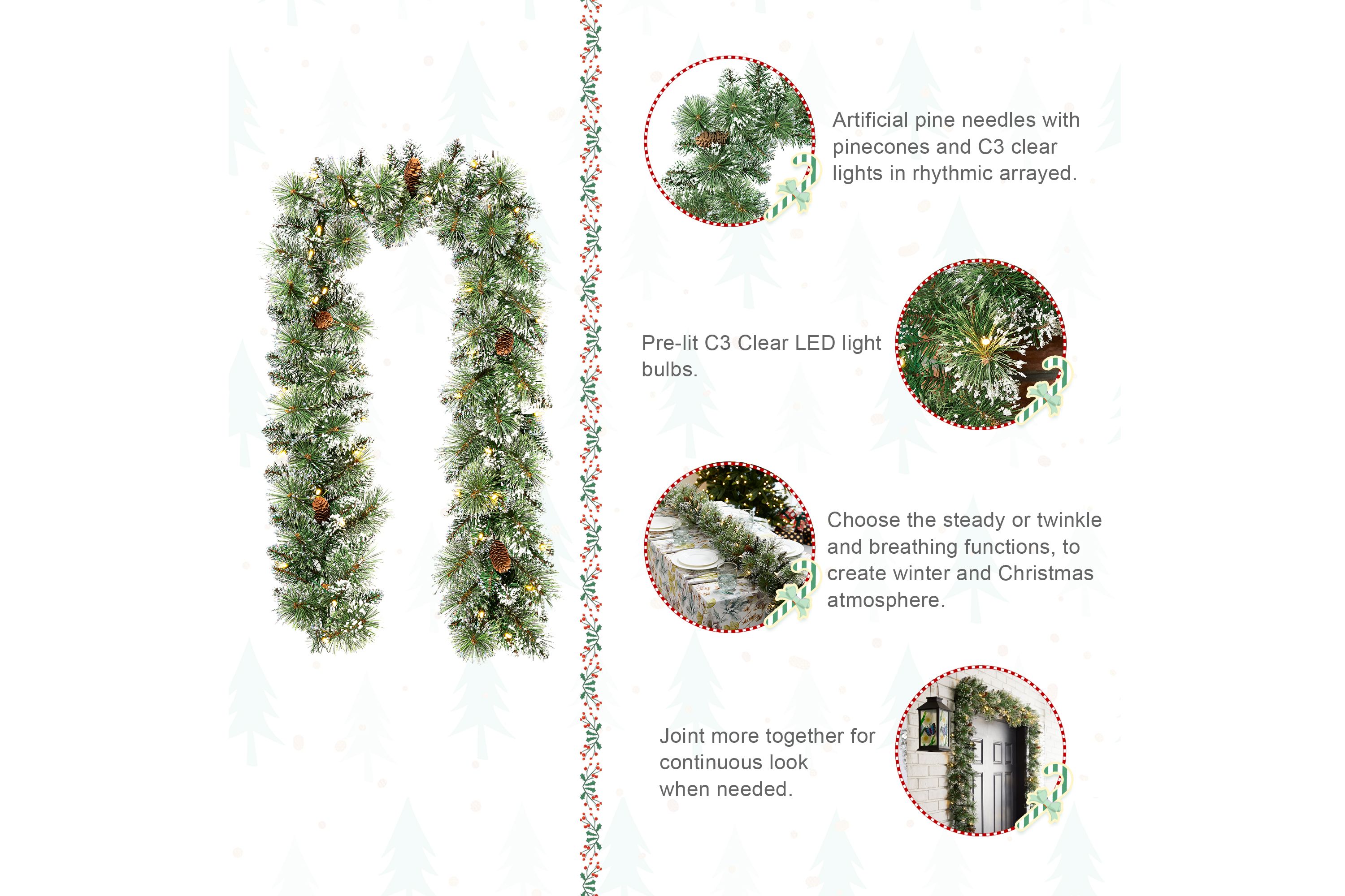 Set of 2 6ft Pre-Lit Frosted Greenery  Pinecones Christmas Garland, with 35 C3 Clear LED Lights and Timer, Three Function