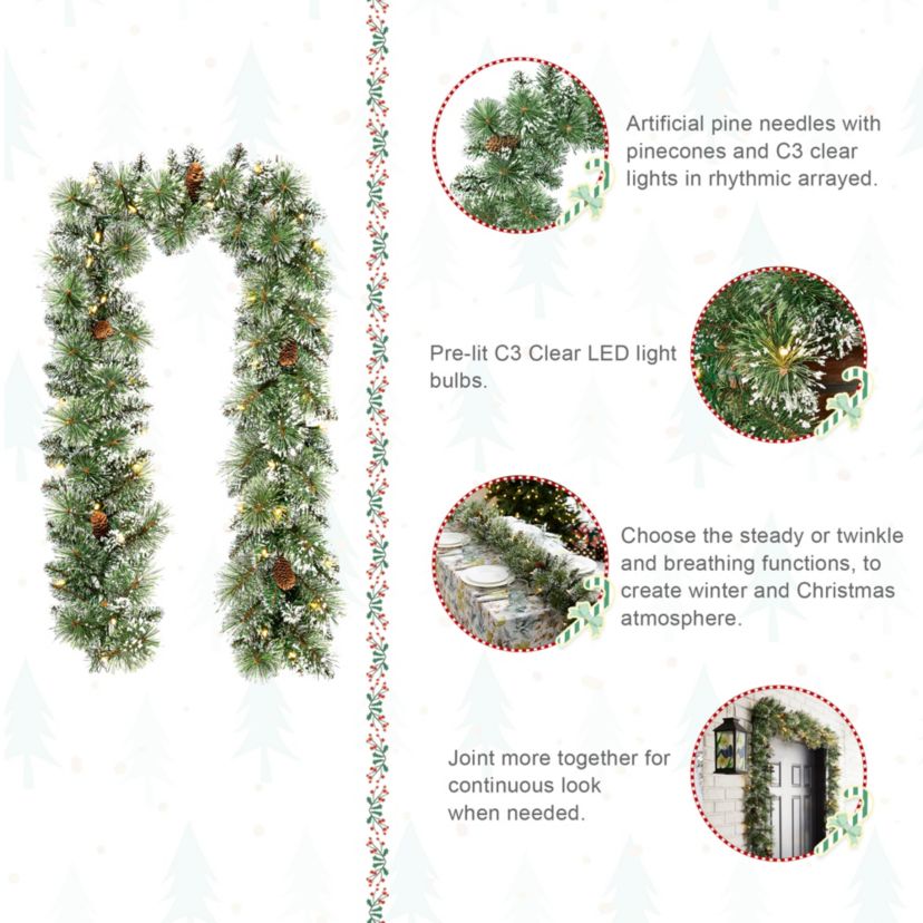 Set of 2 6ft Pre-Lit Frosted Greenery  Pinecones Christmas Garland, with 35 C3 Clear LED Lights and Timer, Three Function