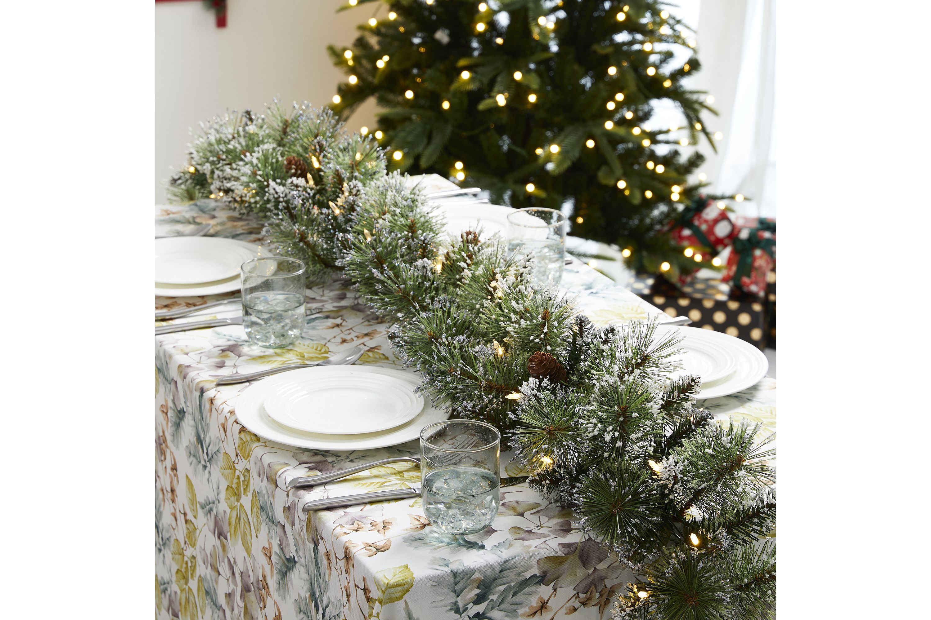 Set of 2 6ft Pre-Lit Frosted Greenery  Pinecones Christmas Garland, with 35 C3 Clear LED Lights and Timer, Three Function