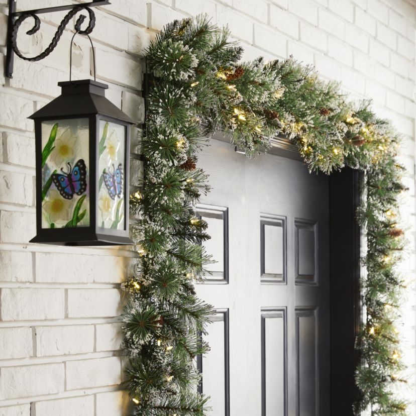 Set of 2 6ft Pre-Lit Frosted Greenery  Pinecones Christmas Garland, with 35 C3 Clear LED Lights and Timer, Three Function
