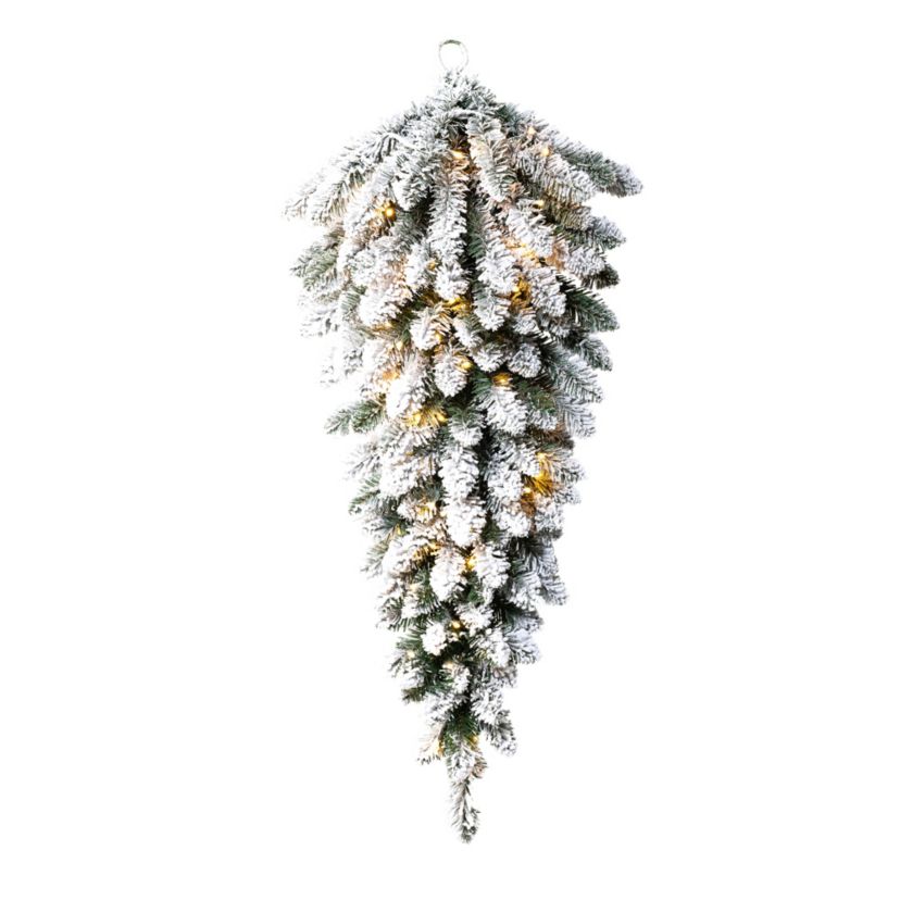 3ft Pre-Lit Flocked Christmas Teardrop, with 50 Warm White LED Lights and Timer, Three Function