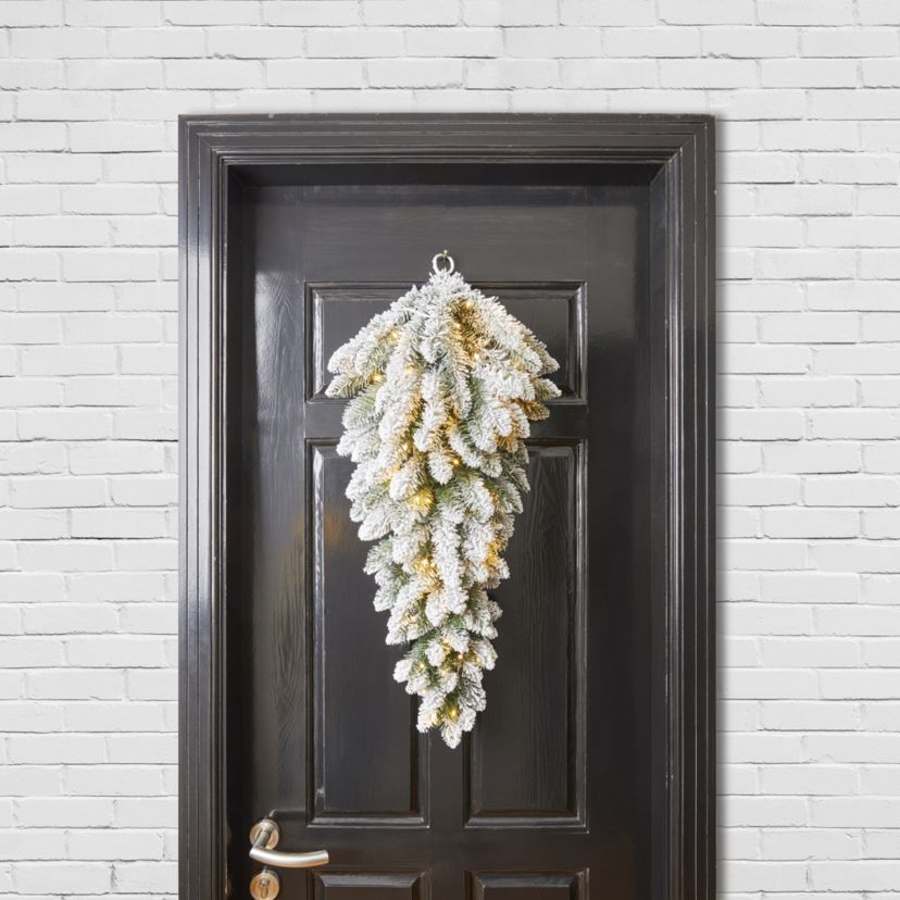 3ft Pre-Lit Flocked Christmas Teardrop, with 50 Warm White LED Lights and Timer, Three Function