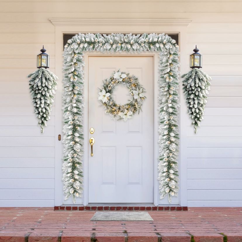 3ft Pre-Lit Flocked Christmas Teardrop, with 50 Warm White LED Lights and Timer, Three Function