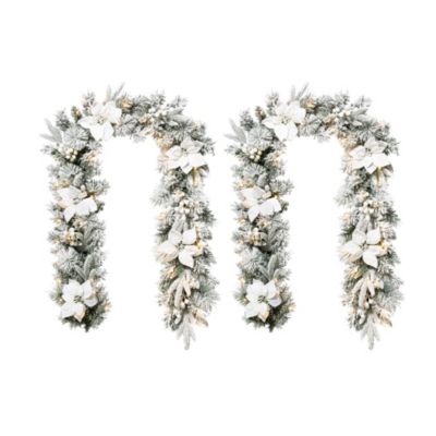 Glitzhome Set of 2 6ft Pre-Lit Flocked Greenery Pine White Poinsettia Christmas Garland, with 50 Warm White Lights with Timer, Three Function