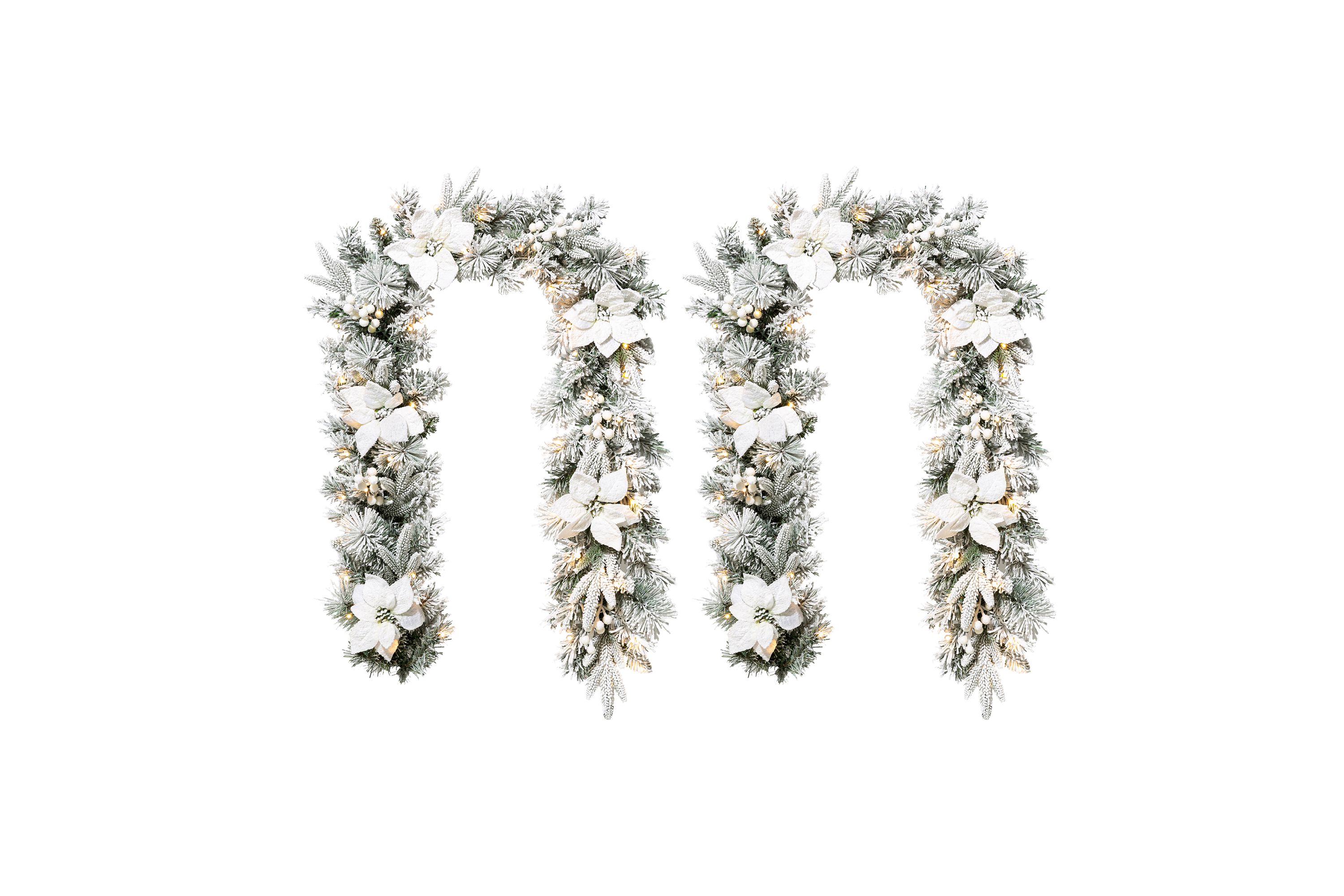 Set of 2 6ft Pre-Lit Flocked Greenery Pine White Poinsettia Christmas Garland, with 50 Warm White Lights with Timer, Three Function