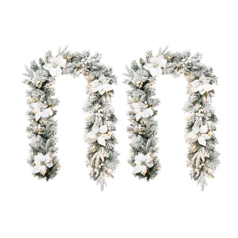 Set of 2 6ft Pre-Lit Flocked Greenery Pine White Poinsettia Christmas Garland, with 50 Warm White Lights with Timer, Three Function