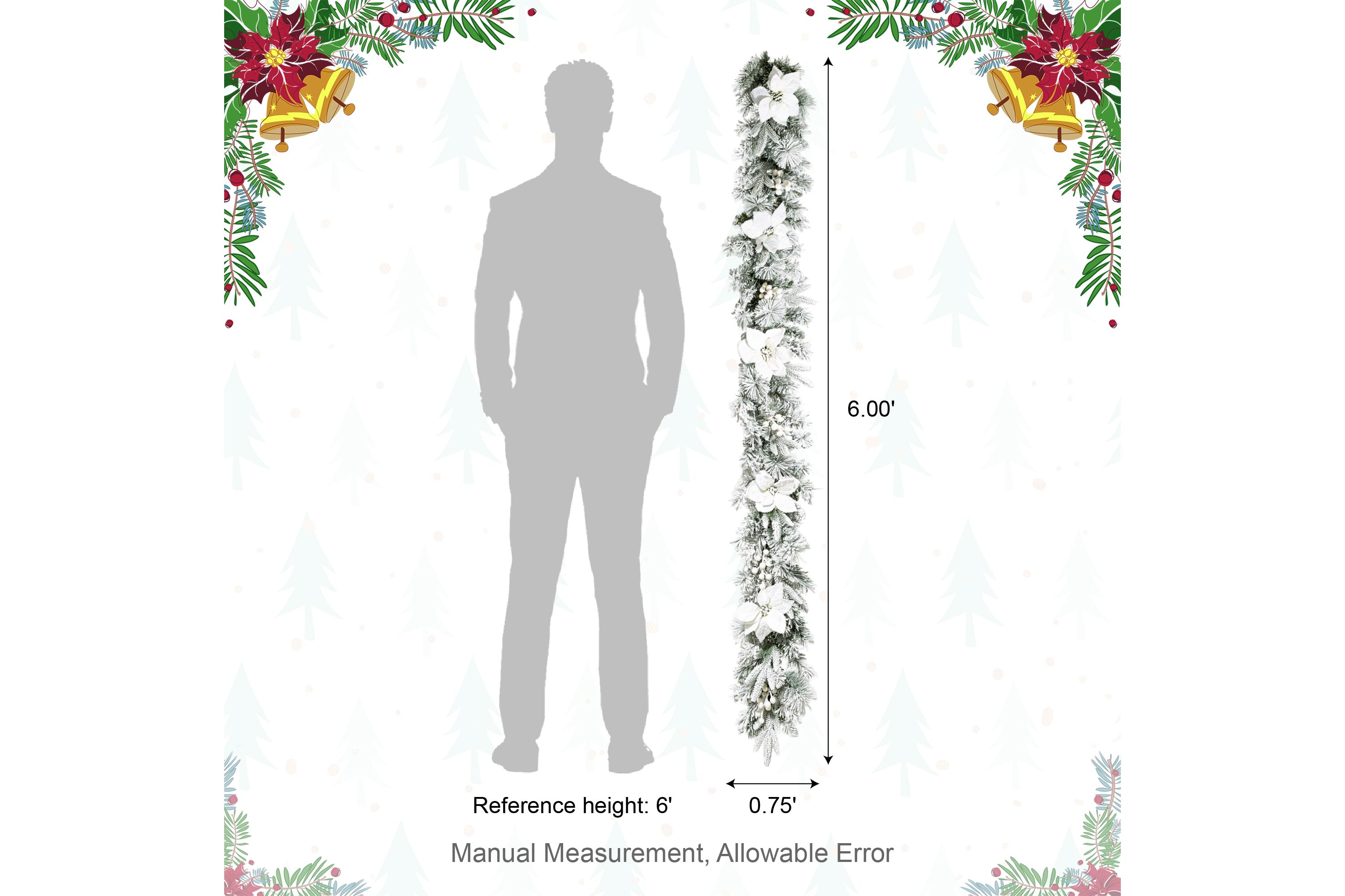 Set of 2 6ft Pre-Lit Flocked Greenery Pine White Poinsettia Christmas Garland, with 50 Warm White Lights with Timer, Three Function