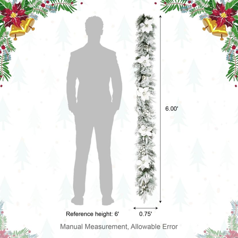 Set of 2 6ft Pre-Lit Flocked Greenery Pine White Poinsettia Christmas Garland, with 50 Warm White Lights with Timer, Three Function