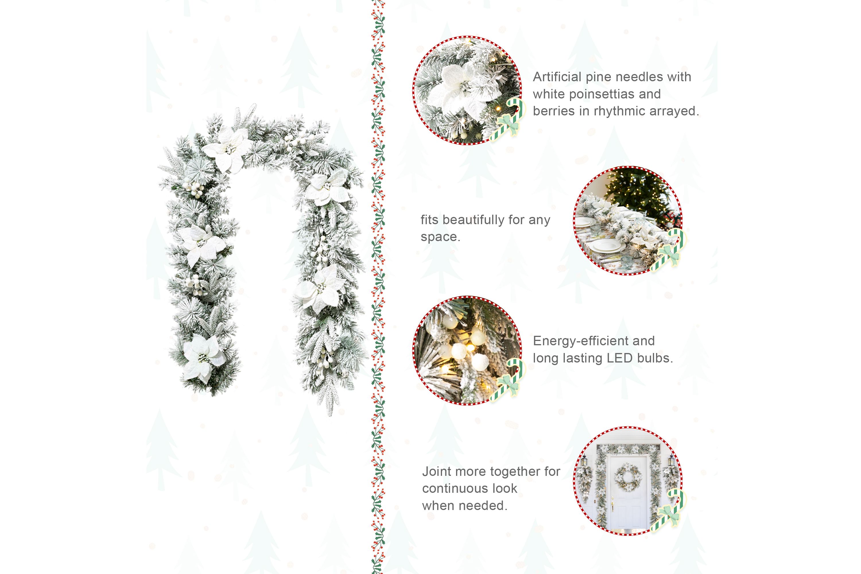 Set of 2 6ft Pre-Lit Flocked Greenery Pine White Poinsettia Christmas Garland, with 50 Warm White Lights with Timer, Three Function