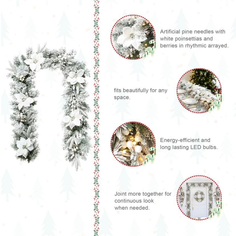 Set of 2 6ft Pre-Lit Flocked Greenery Pine White Poinsettia Christmas Garland, with 50 Warm White Lights with Timer, Three Function