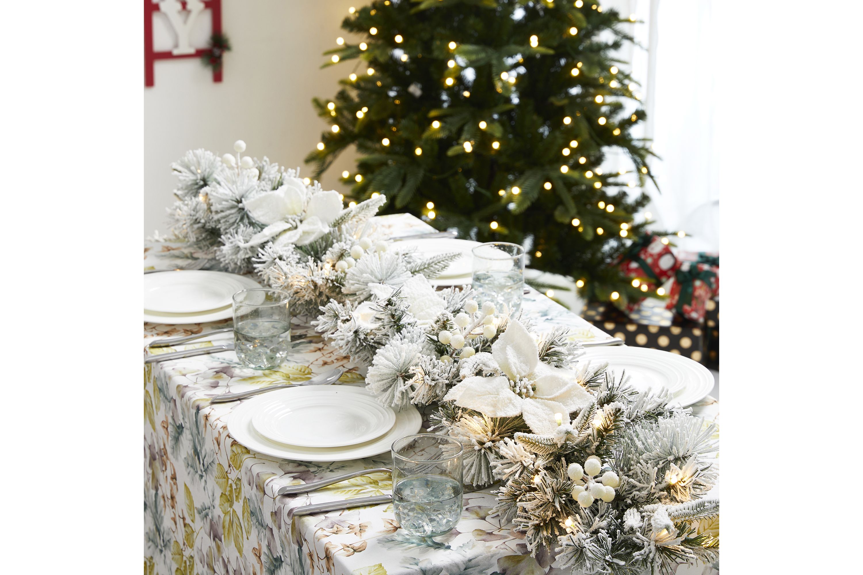 Set of 2 6ft Pre-Lit Flocked Greenery Pine White Poinsettia Christmas Garland, with 50 Warm White Lights with Timer, Three Function