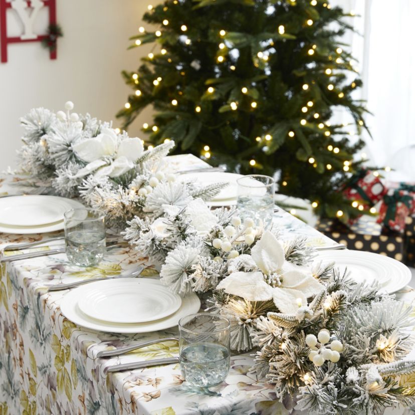 Set of 2 6ft Pre-Lit Flocked Greenery Pine White Poinsettia Christmas Garland, with 50 Warm White Lights with Timer, Three Function