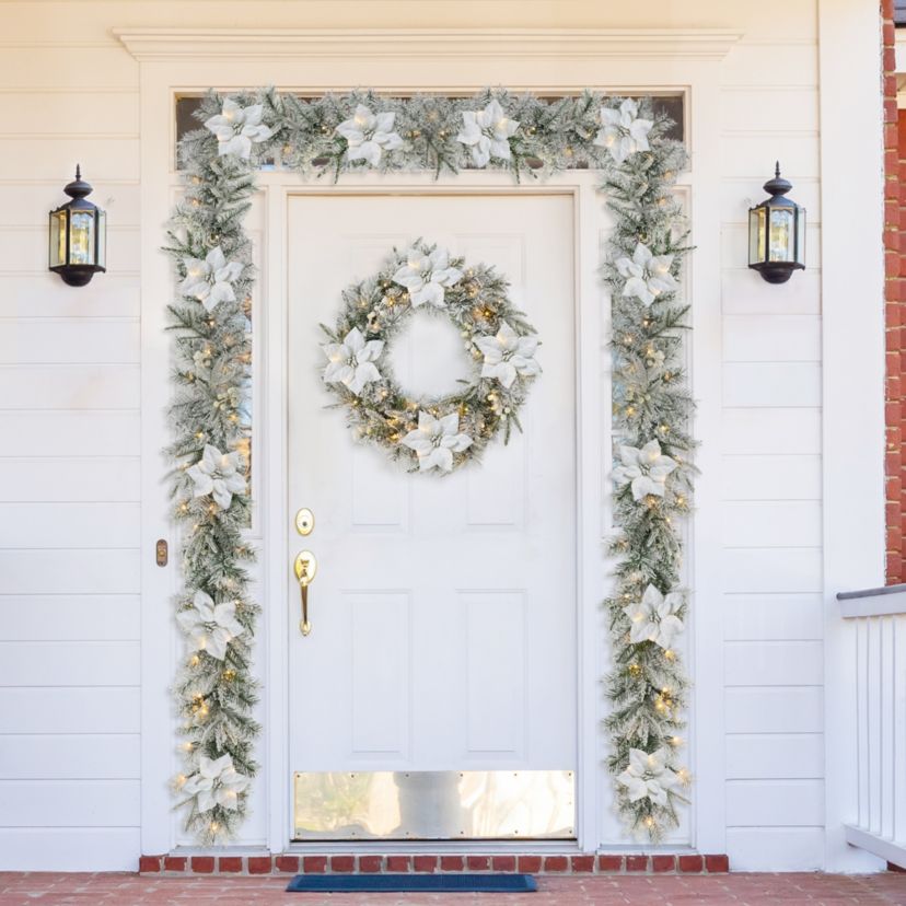 Set of 2 6ft Pre-Lit Flocked Greenery Pine White Poinsettia Christmas Garland, with 50 Warm White Lights with Timer, Three Function