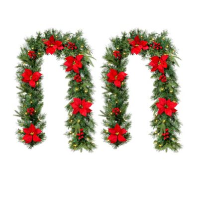 Glitzhome Set of 2 6ft Pre-Lit Greenery Pine Red Poinsettia and Berries Christmas Garland, with 50 Warm White Lights and Timer, Three Function