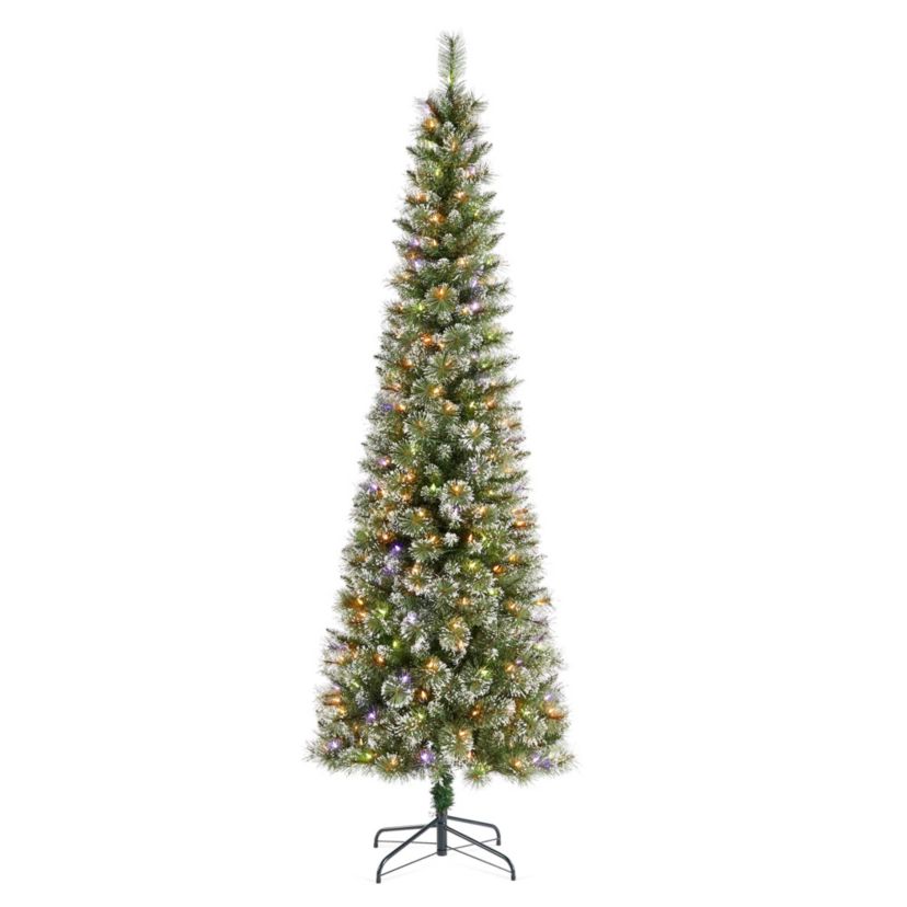 7.5ft Pre-Lit Frosted Cashmere Pencil Pine Artificial Christmas Tree with 250 Warm White/Multi-color C3 Clear LED Lights, 9 Function w/Remote Control