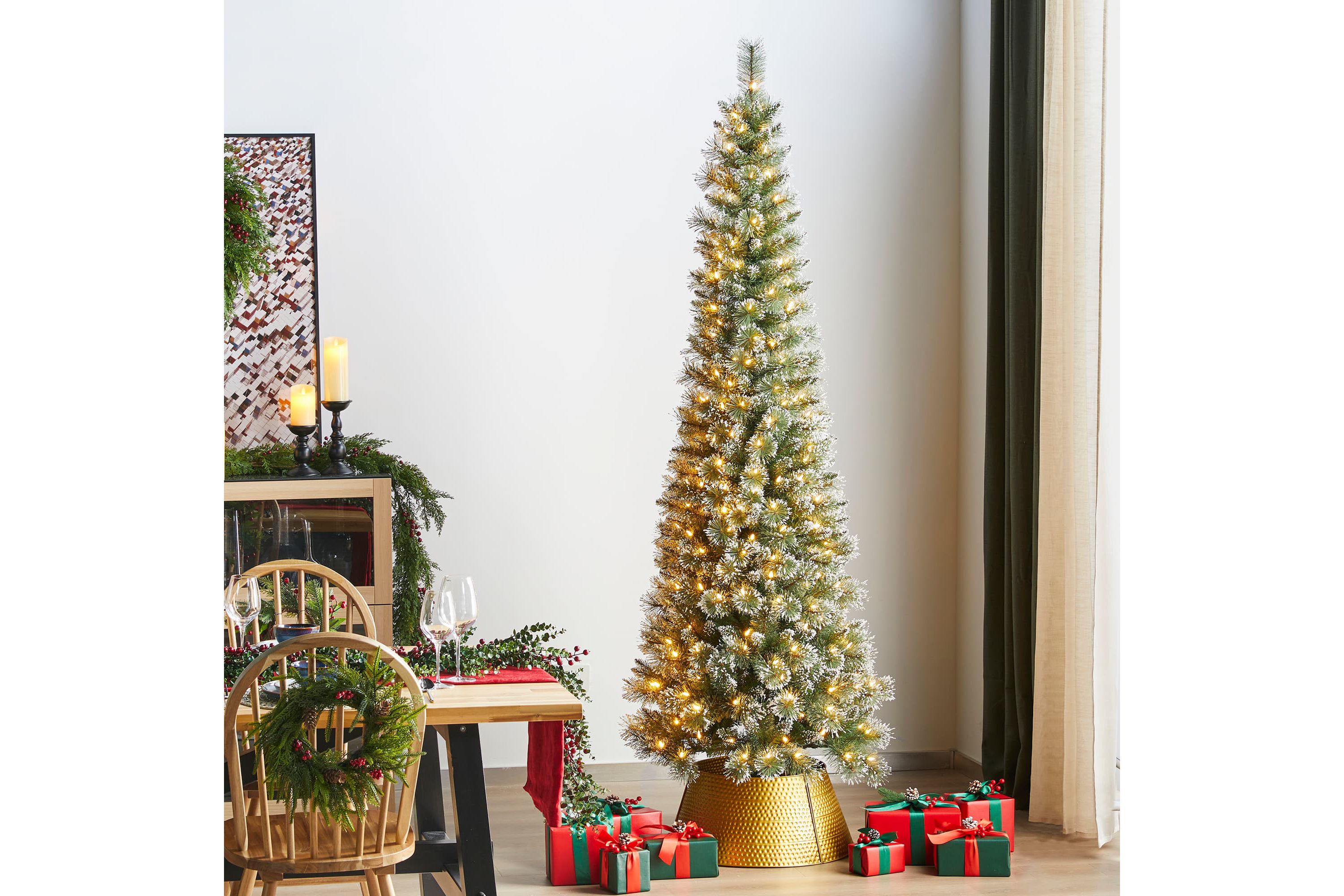 7.5ft Pre-Lit Frosted Cashmere Pencil Pine Artificial Christmas Tree with 250 Warm White/Multi-color C3 Clear LED Lights, 9 Function w/Remote Control