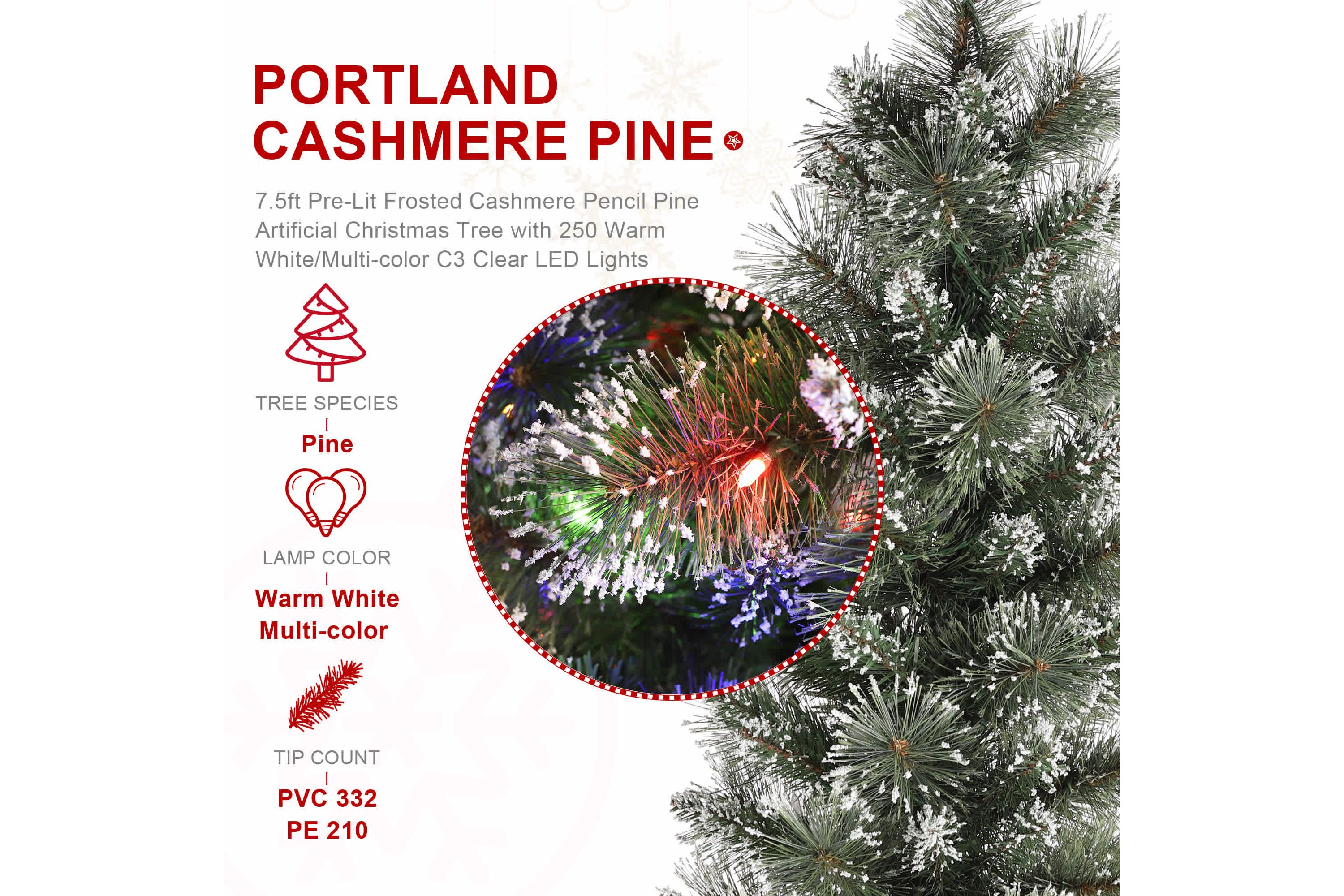 7.5ft Pre-Lit Frosted Cashmere Pencil Pine Artificial Christmas Tree with 250 Warm White/Multi-color C3 Clear LED Lights, 9 Function w/Remote Control