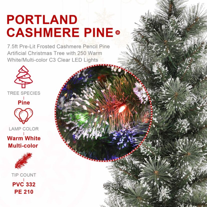 7.5ft Pre-Lit Frosted Cashmere Pencil Pine Artificial Christmas Tree with 250 Warm White/Multi-color C3 Clear LED Lights, 9 Function w/Remote Control