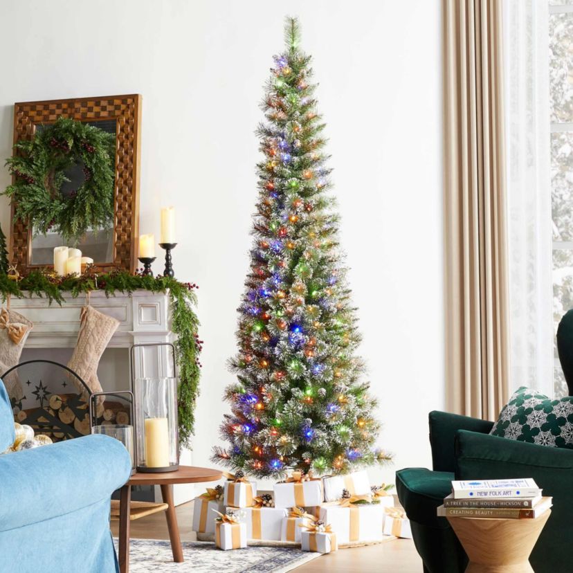7.5ft Pre-Lit Frosted Cashmere Pencil Pine Artificial Christmas Tree with 250 Warm White/Multi-color C3 Clear LED Lights, 9 Function w/Remote Control