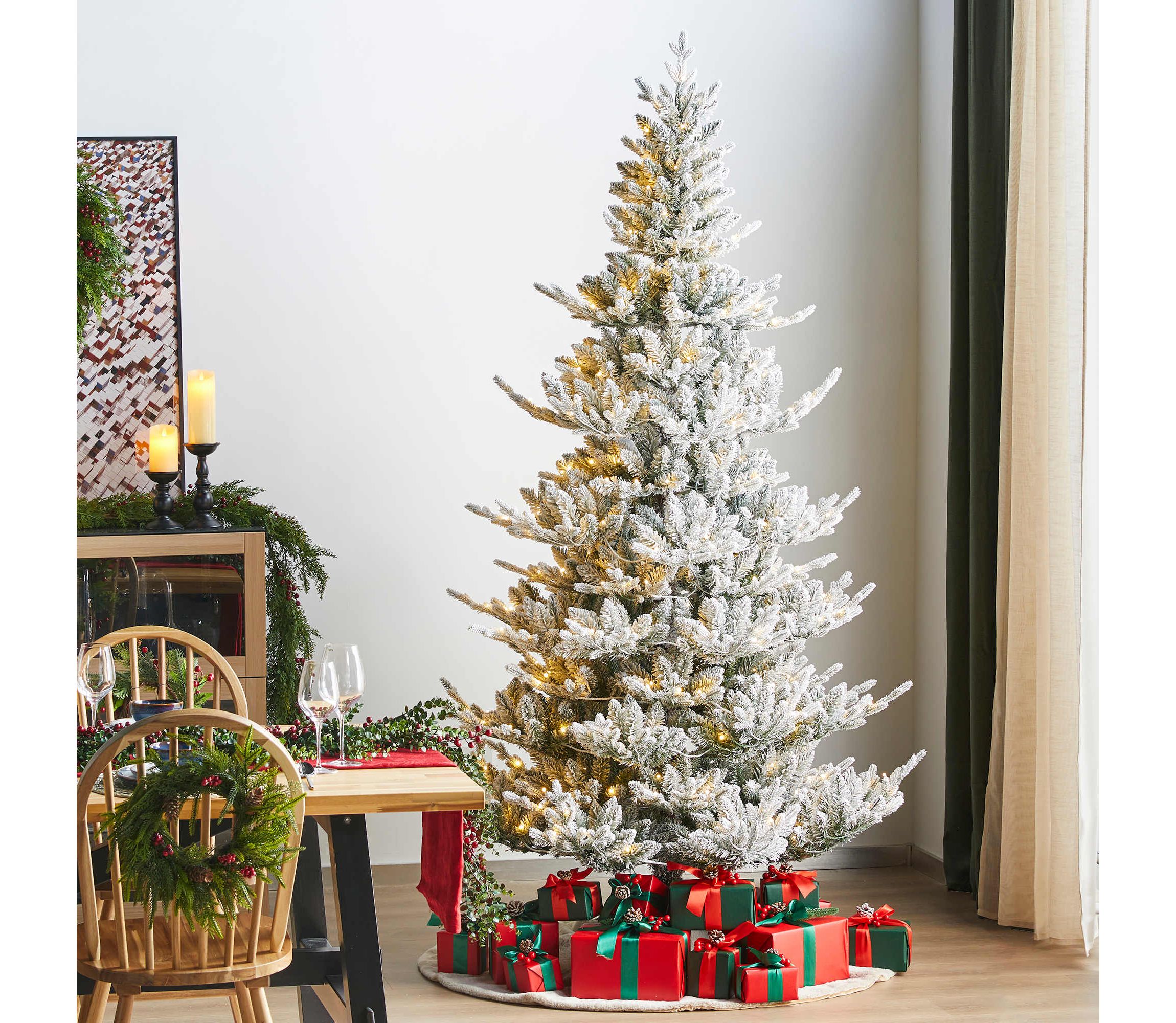7.5ft Pre-Lit Flocked Upward Slim Fir Artificial Christmas Tree with 400 Warm White Lights, 3 Function w/Remote Control