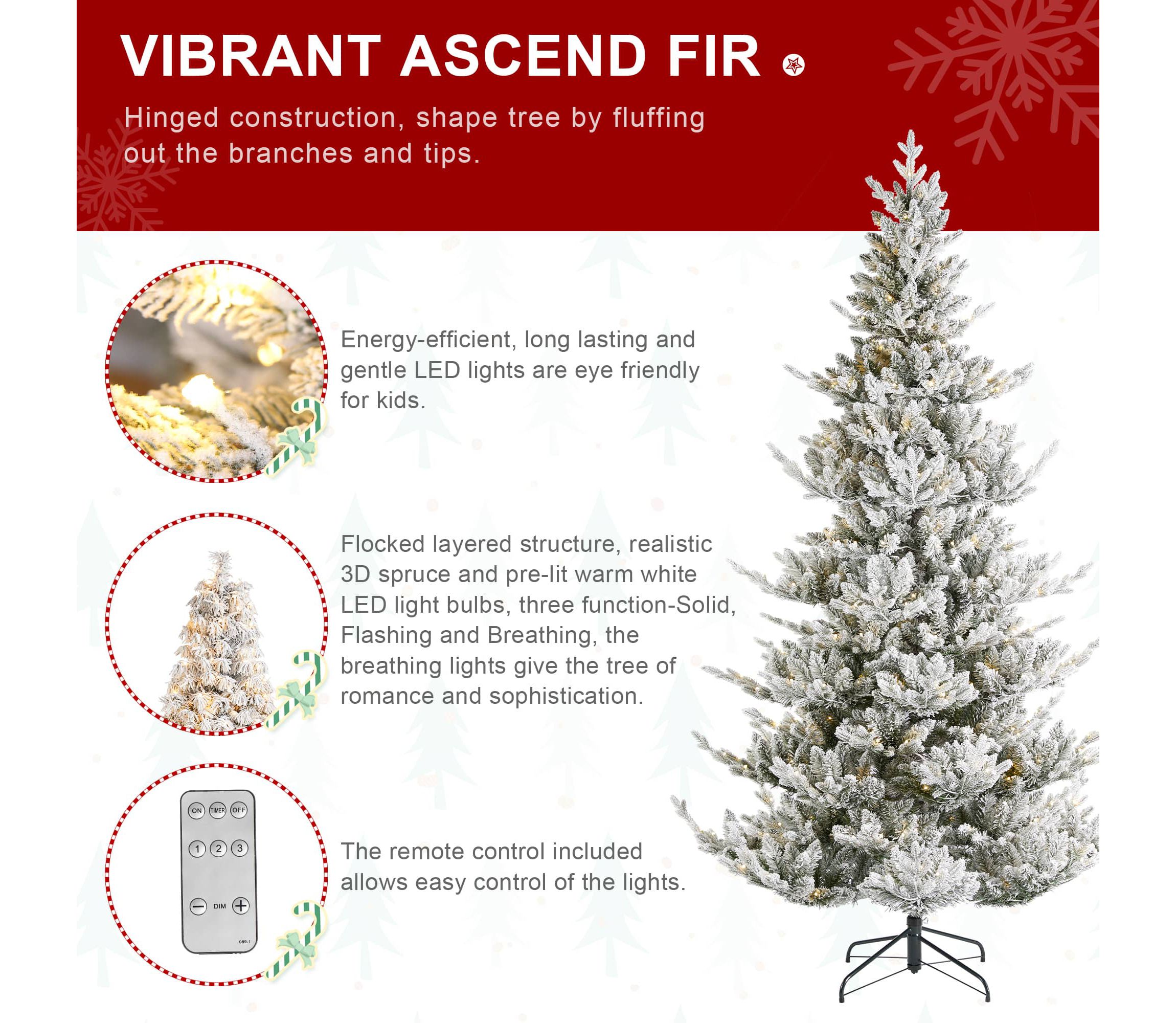 7.5ft Pre-Lit Flocked Upward Slim Fir Artificial Christmas Tree with 400 Warm White Lights, 3 Function w/Remote Control