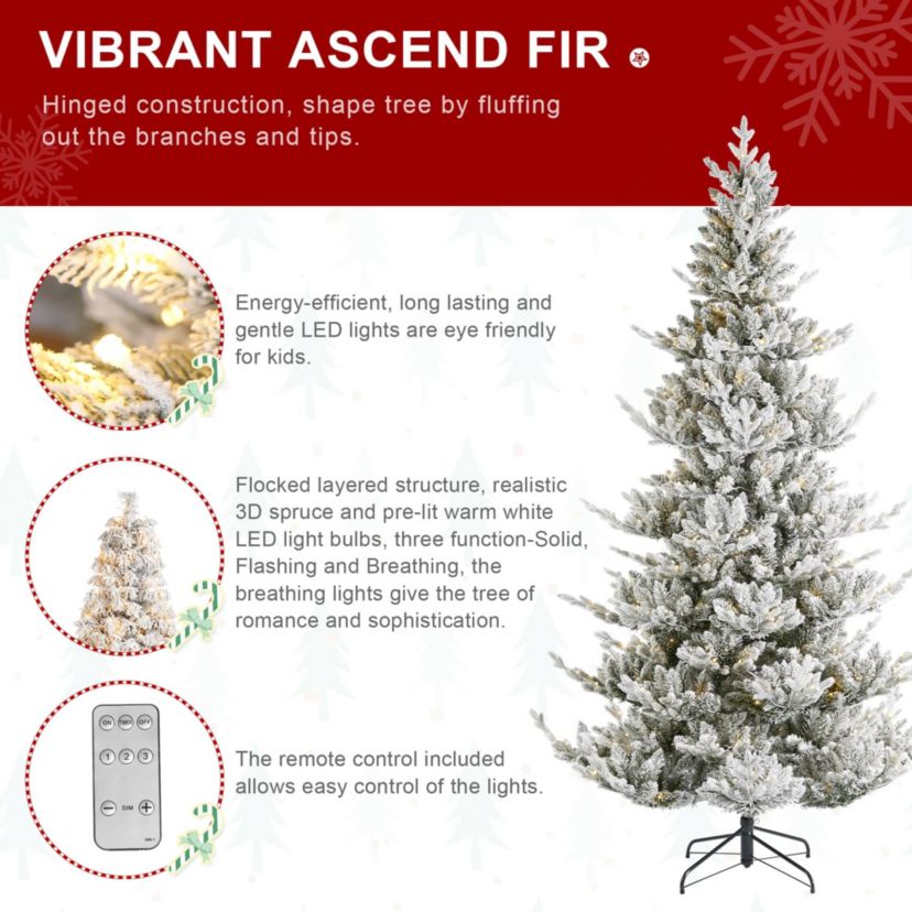 7.5ft Pre-Lit Flocked Upward Slim Fir Artificial Christmas Tree with 400 Warm White Lights, 3 Function w/Remote Control