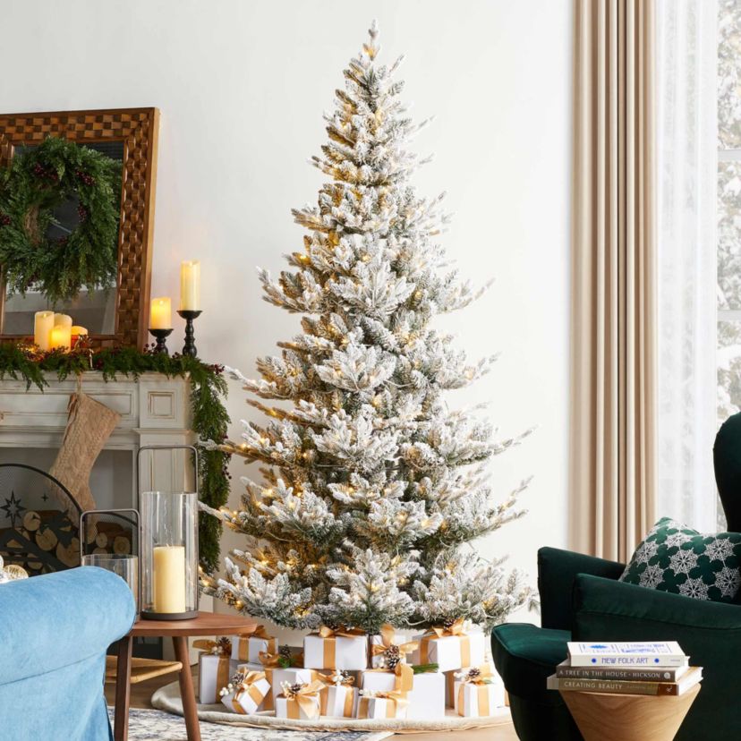 7.5ft Pre-Lit Flocked Upward Slim Fir Artificial Christmas Tree with 400 Warm White Lights, 3 Function w/Remote Control