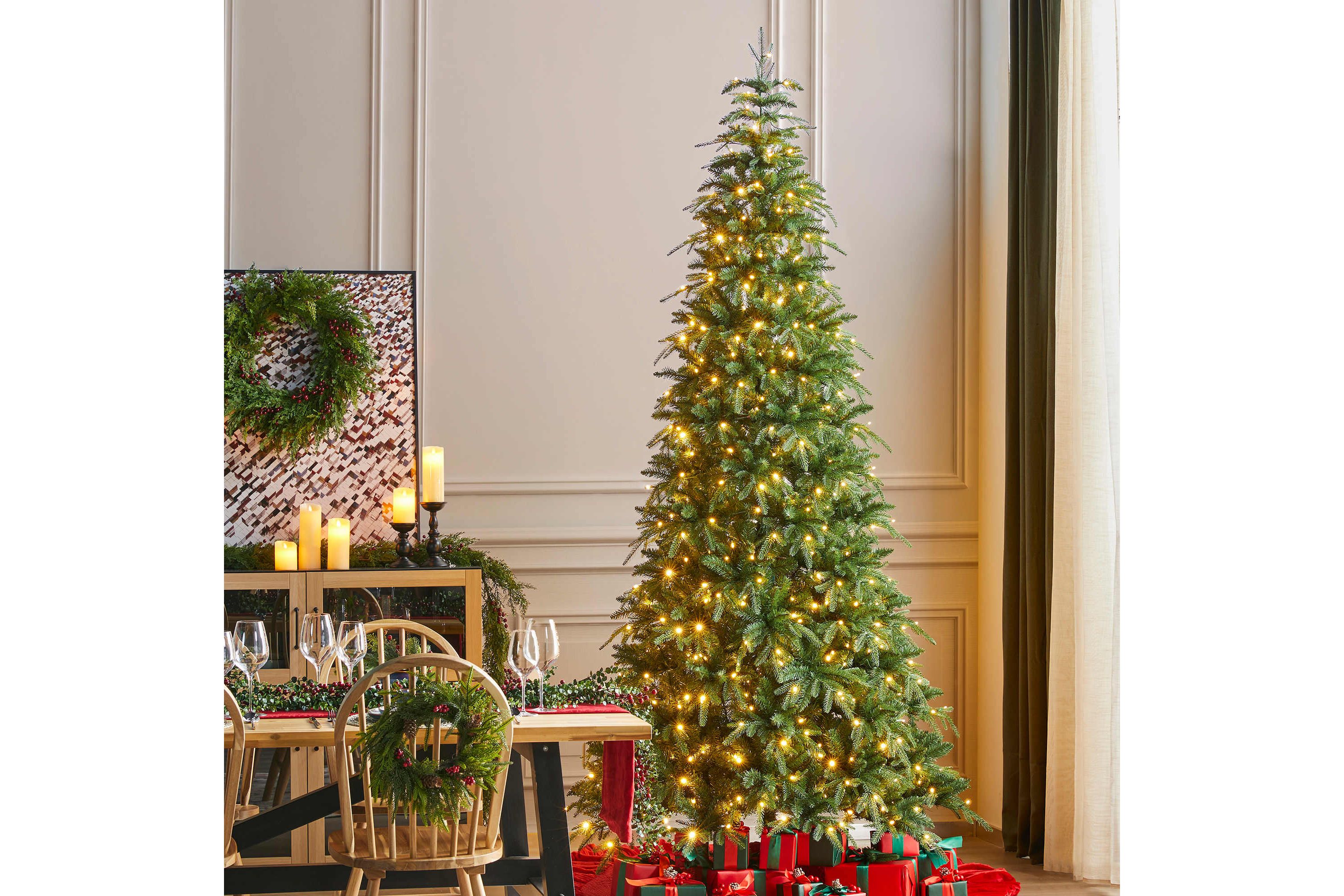 9ft Pre-Lit Green Slim Fir Artificial Christmas Tree with 650 Warm White/Multi-color LED Lights, 9 Function, w/Remote Control, Simple Setup