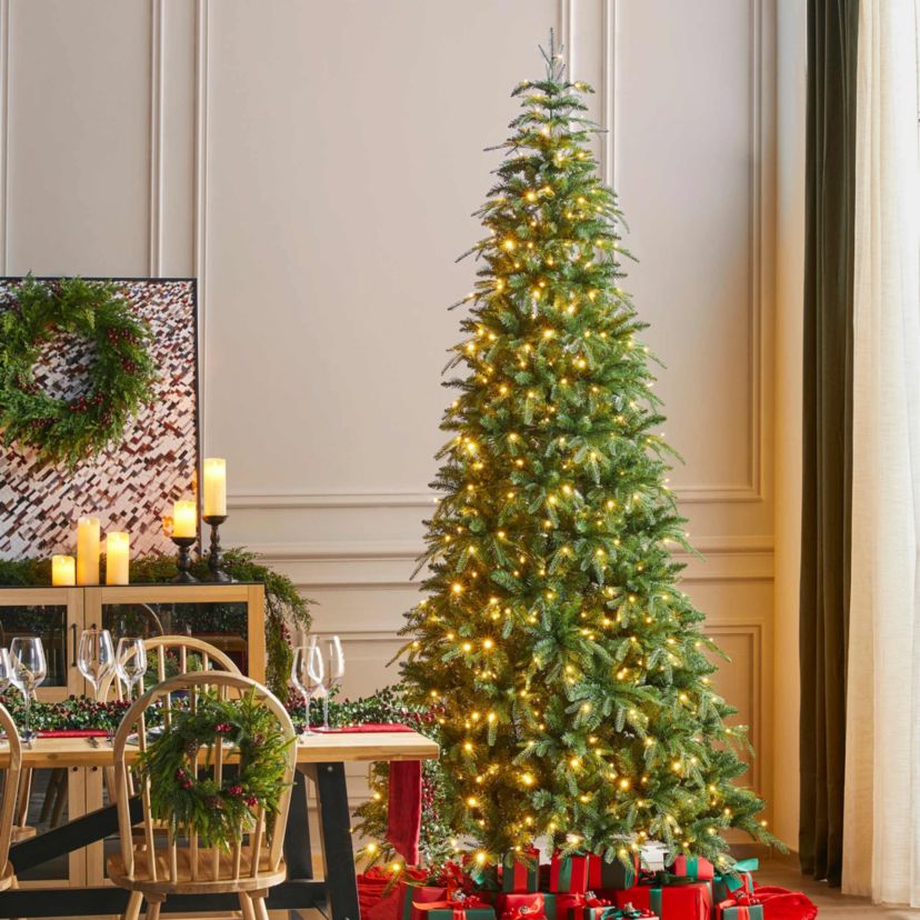9ft Pre-Lit Green Slim Fir Artificial Christmas Tree with 650 Warm White/Multi-color LED Lights, 9 Function, w/Remote Control, Simple Setup
