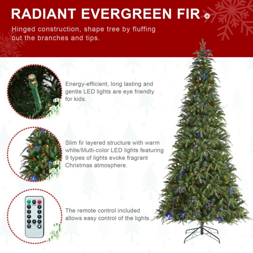 9ft Pre-Lit Green Slim Fir Artificial Christmas Tree with 650 Warm White/Multi-color LED Lights, 9 Function, w/Remote Control, Simple Setup