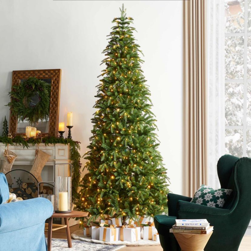 9ft Pre-Lit Green Slim Fir Artificial Christmas Tree with 650 Warm White/Multi-color LED Lights, 9 Function, w/Remote Control, Simple Setup