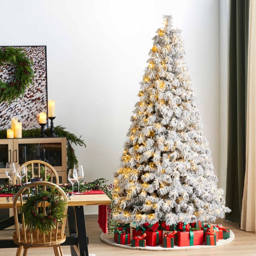 7.5ft Pre-Lit Flocked Full Spruce Artificial Christmas Tree with 500 Warm White C3 Clear LED Lights, 3 Function w/Foot Pedal