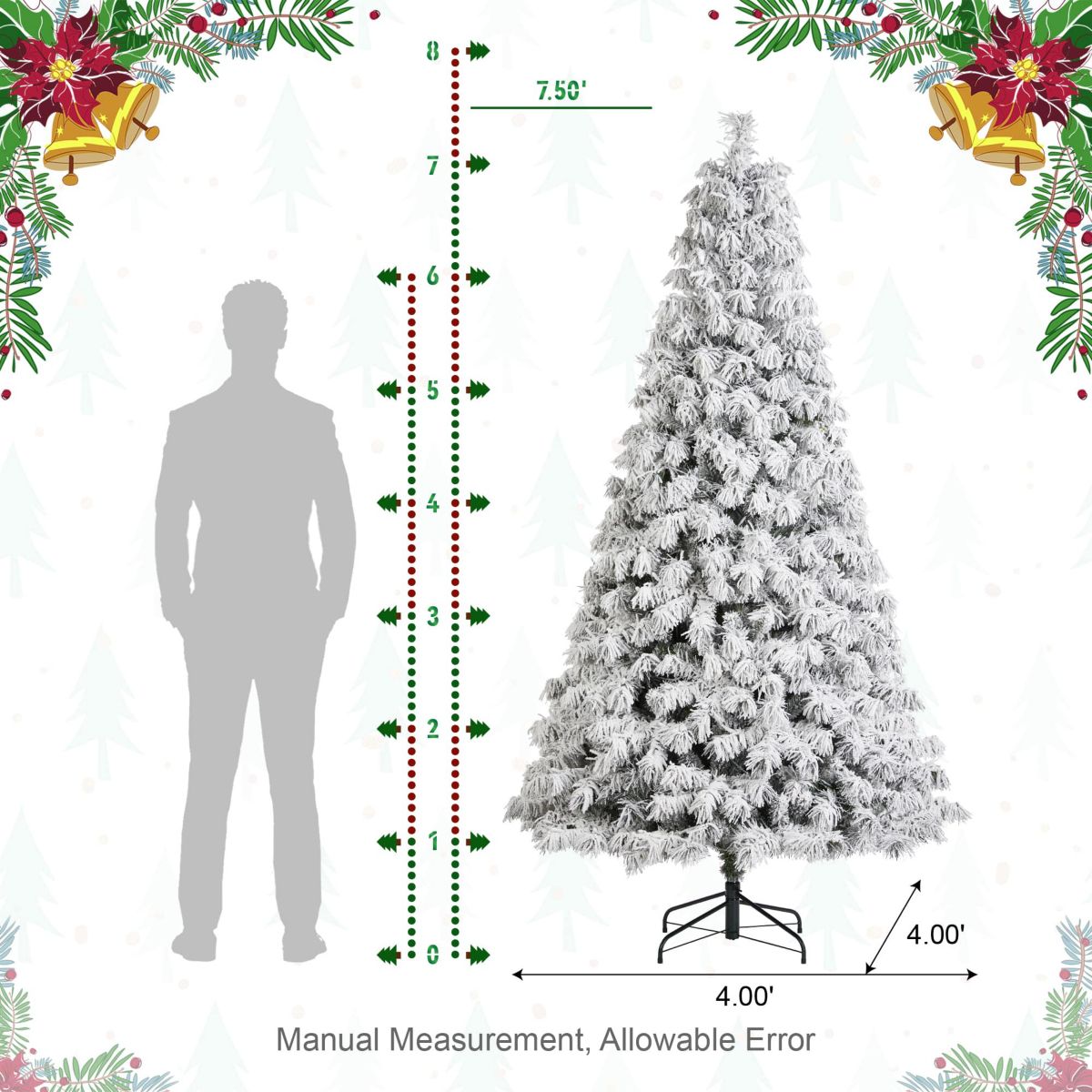 7.5ft Pre-Lit Flocked Full Spruce Artificial Christmas Tree with 500 Warm White C3 Clear LED Lights, 3 Function w/Foot Pedal