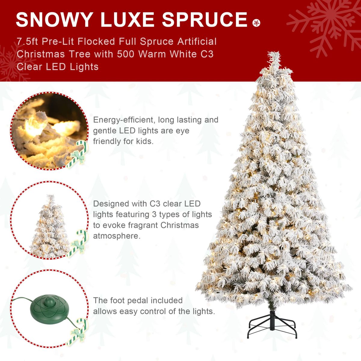 7.5ft Pre-Lit Flocked Full Spruce Artificial Christmas Tree with 500 Warm White C3 Clear LED Lights, 3 Function w/Foot Pedal