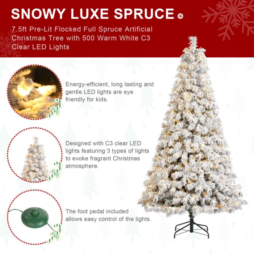 7.5ft Pre-Lit Flocked Full Spruce Artificial Christmas Tree with 500 Warm White C3 Clear LED Lights, 3 Function w/Foot Pedal