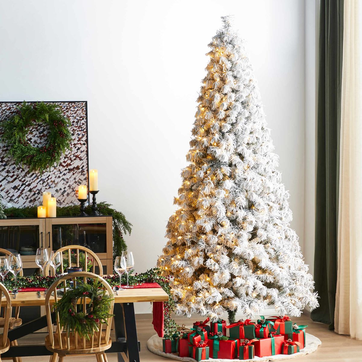 9ft Pre-Lit Flocked Full Spruce Artificial Christmas Tree with 700 Warm White C3 Clear LED Lights, 3 Function w/Foot Pedal, Simple Setup