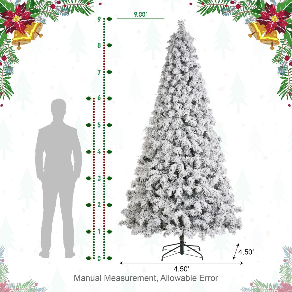 9ft Pre-Lit Flocked Full Spruce Artificial Christmas Tree with 700 Warm White C3 Clear LED Lights, 3 Function w/Foot Pedal, Simple Setup