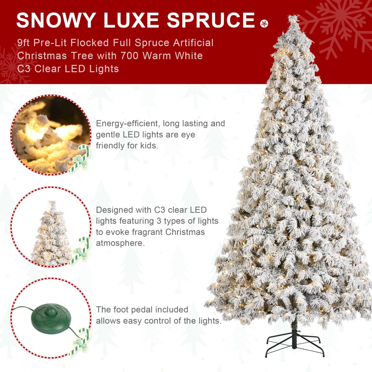 9ft Pre-Lit Flocked Full Spruce Artificial Christmas Tree with 700 Warm White C3 Clear LED Lights, 3 Function w/Foot Pedal, Simple Setup