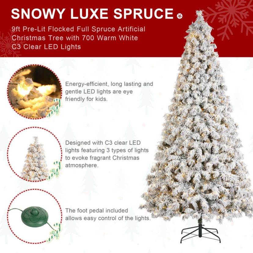 9ft Pre-Lit Flocked Full Spruce Artificial Christmas Tree with 700 Warm White C3 Clear LED Lights, 3 Function w/Foot Pedal, Simple Setup