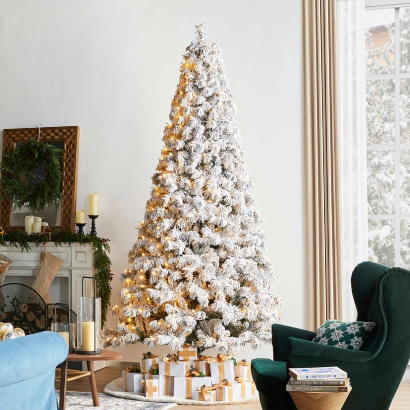 9ft Pre-Lit Flocked Full Spruce Artificial Christmas Tree with 700 Warm White C3 Clear LED Lights, 3 Function w/Foot Pedal, Simple Setup